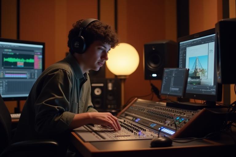 Student working on a mixing console in a studio