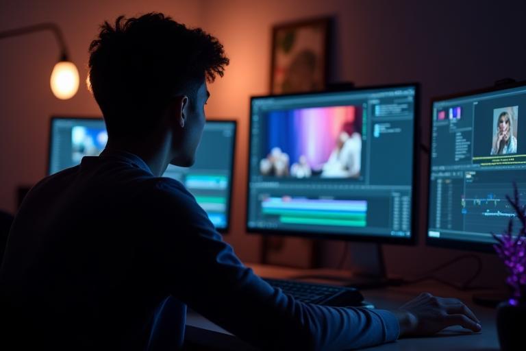 Person editing video on computer in a creative space